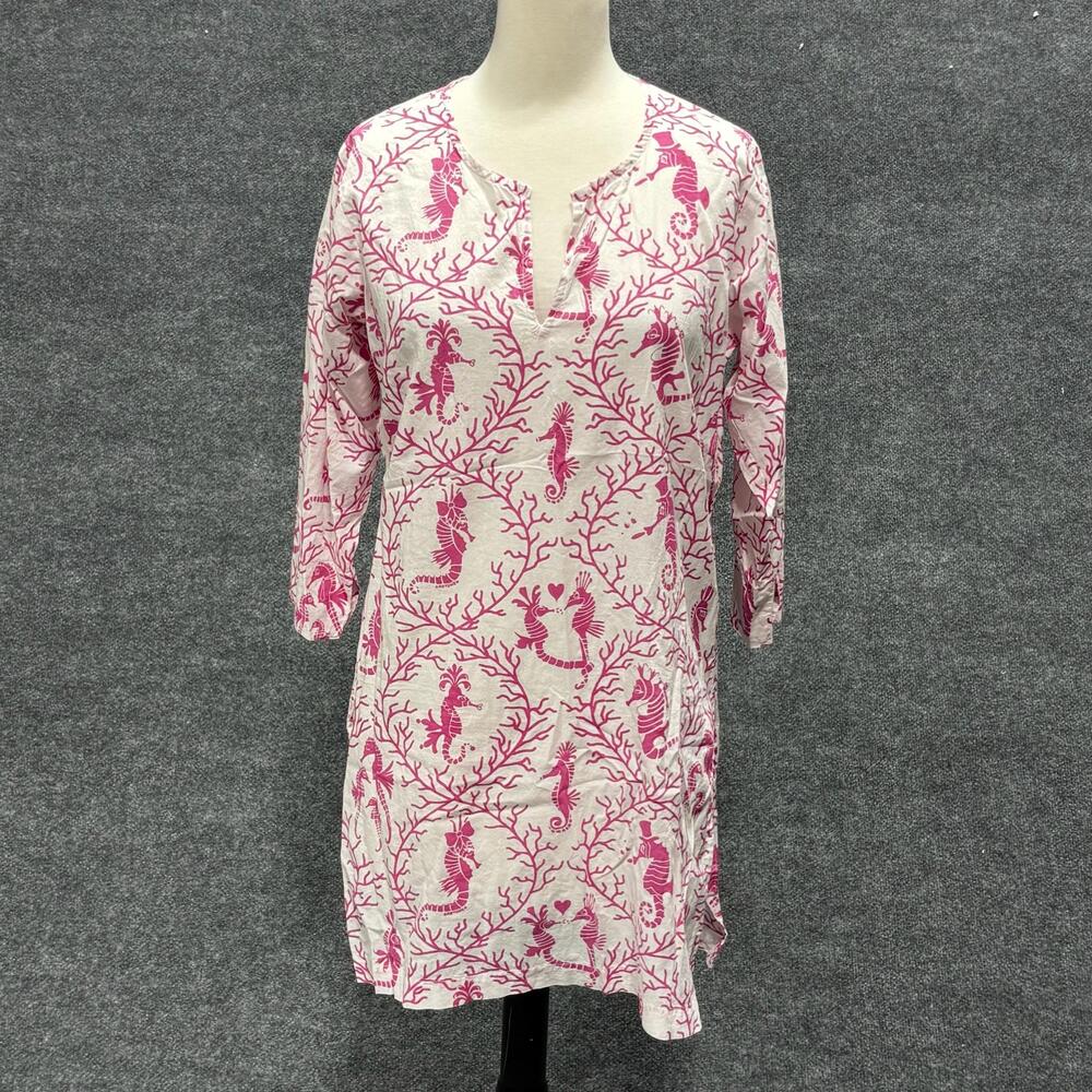 Gretchen Scott Designs Dress Womens Small Pink Seahorse Cotton Shift 3/4 Sleeve